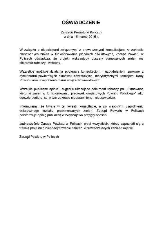 Oświadczenie Zarządu Powiatu w Policach z dnia 16 marca 2016 r.