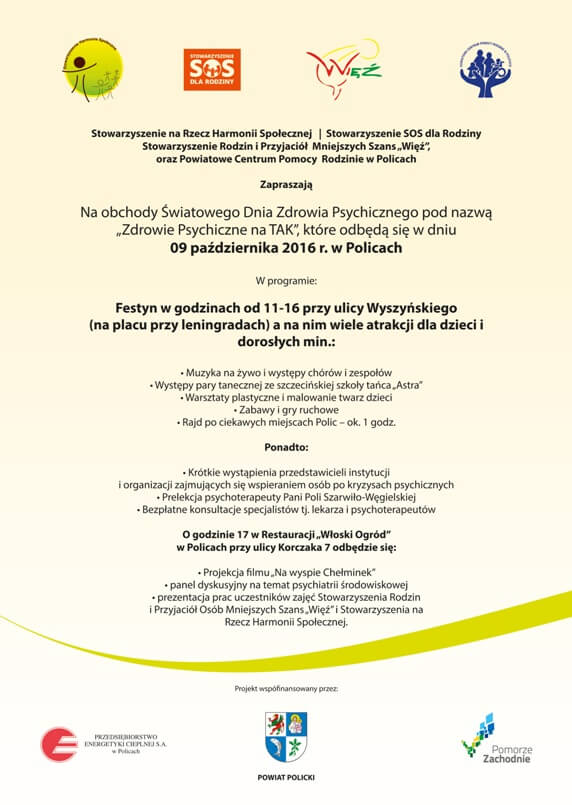 Zaproszenie na obchody Światowego Dnia Zdrowia Psychicznego pod nazwą „Zdrowie Psychiczne na TAK”