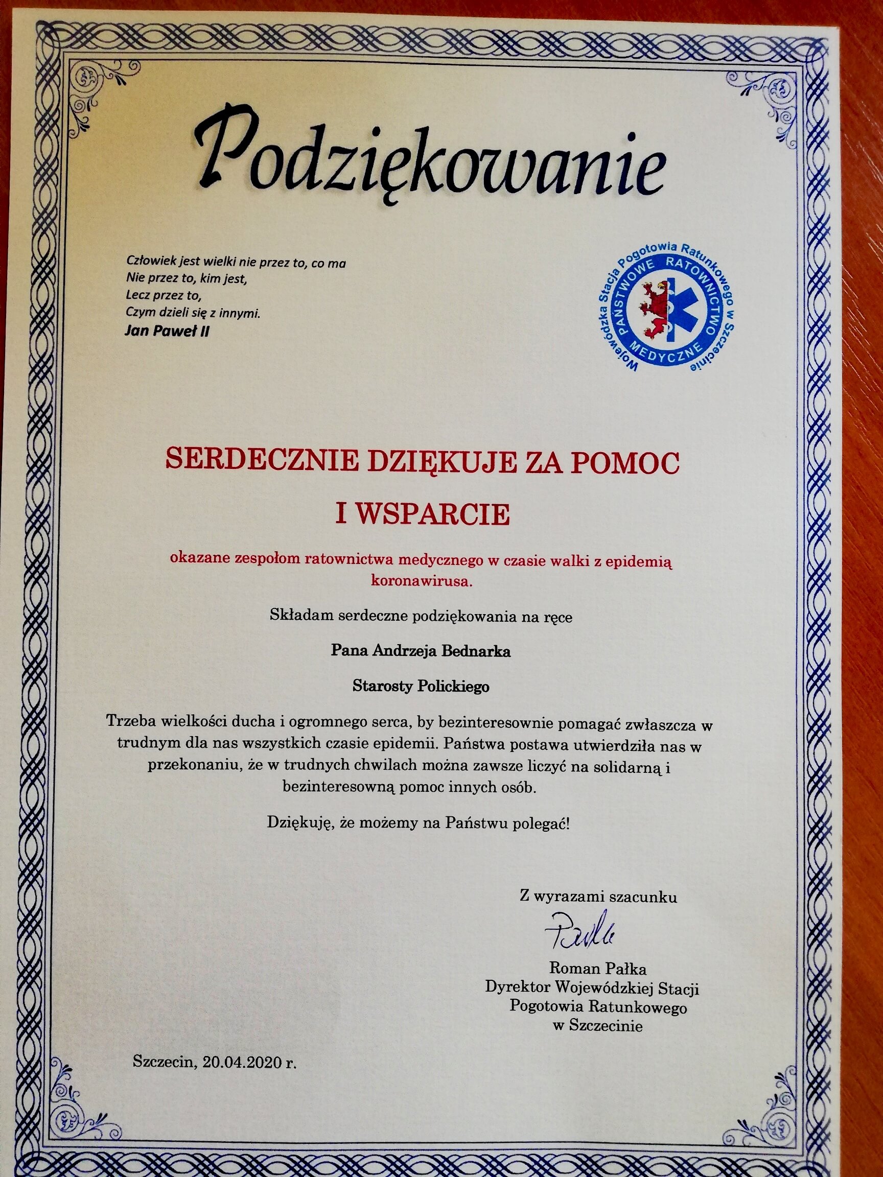 Podziękowanie od Wojewódzkiej Stacji Pogotowia Ratunkowego w Szczecinie