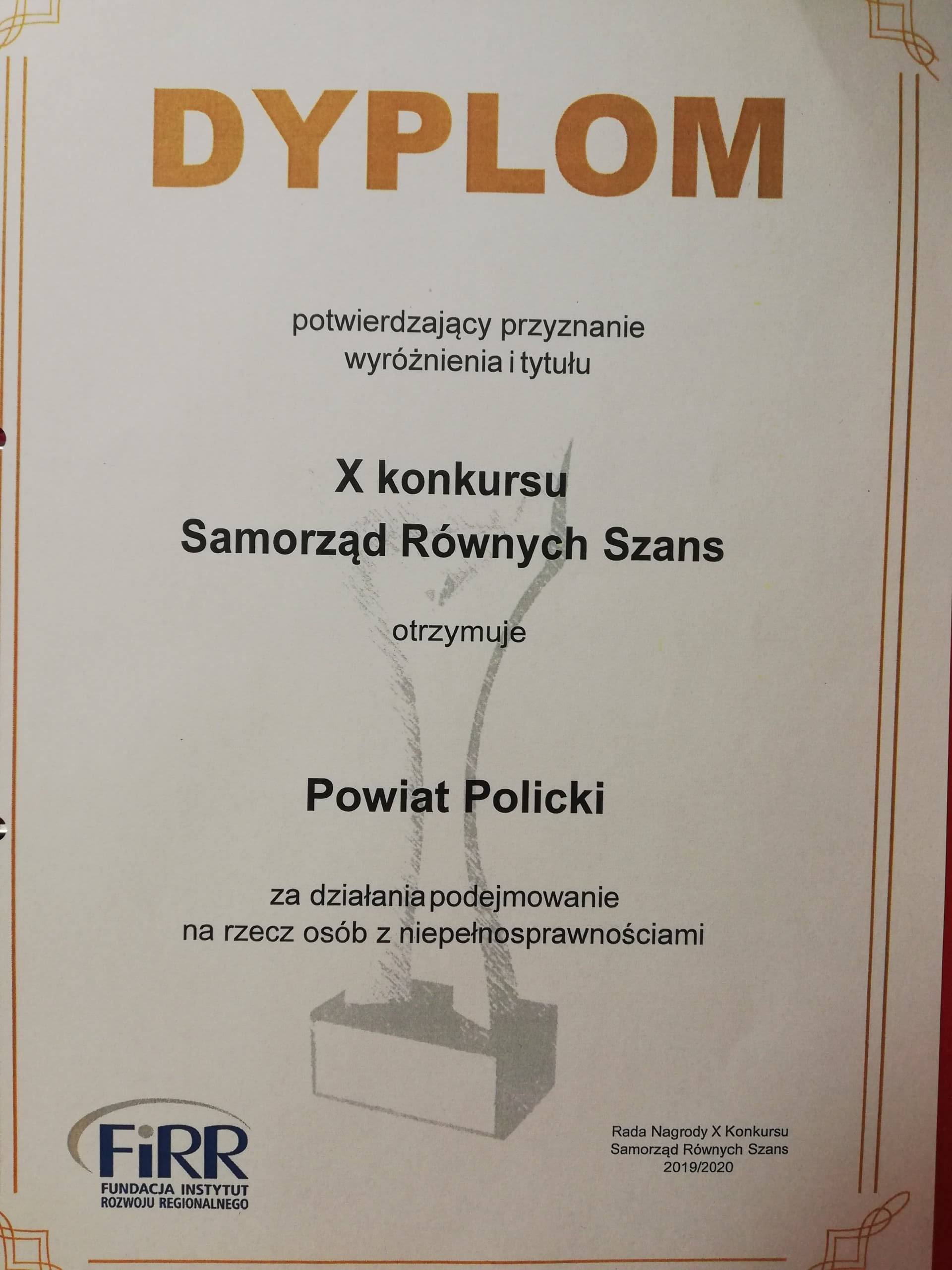 Powiat Policki otrzymał wyróżnienie i tytuł "Samorząd równych szans"