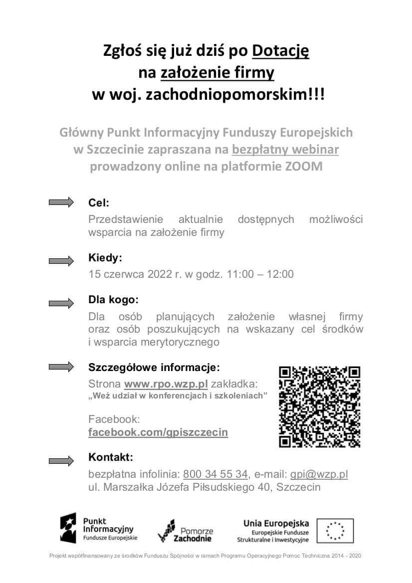 Zapraszamy na webinarium dotyczące otrzymania dotacji na założenie firmy w województwie zachodniopomorskim