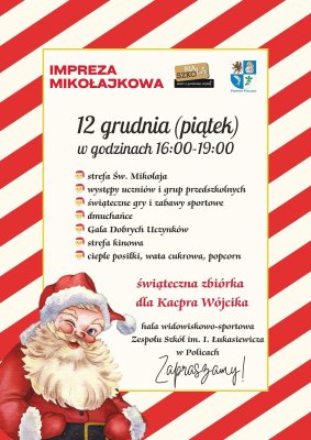 Plakat informacyjny o imprezie mikołajkowej w Zespole Szkół w Policach