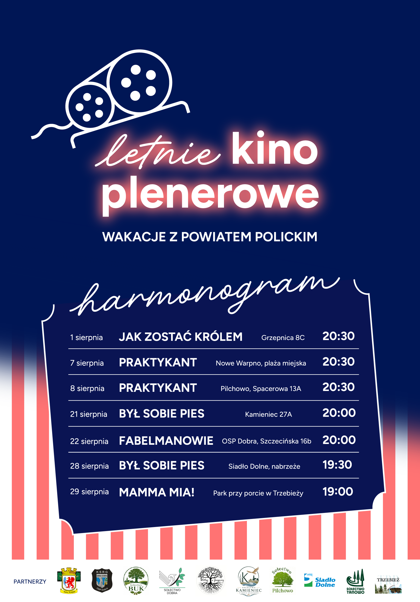 plakat letniego kina plnenerowego w ramach Wakacji z Powiatem Polickim