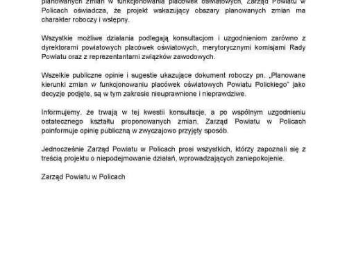 Oświadczenie Zarządu Powiatu w Policach z dnia 16 marca 2016 r.
