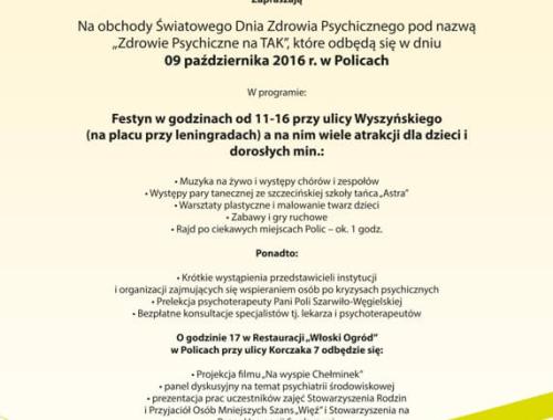 Zaproszenie na obchody Światowego Dnia Zdrowia Psychicznego pod nazwą „Zdrowie Psychiczne na TAK”