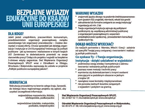 Bezpłatne wizyty w krajach UE dla przedstawicieli NGO i JST  oraz organizacji pracodawców i związków zawodowych