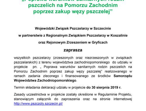 Zaproszenie do udziału w projekcie pn. „Poprawa warunków sanitarnych rodzin pszczelich na Pomorzu Zachodnim poprzez zakup węzy pszczelej”