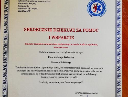 Podziękowanie od Wojewódzkiej Stacji Pogotowia Ratunkowego w Szczecinie