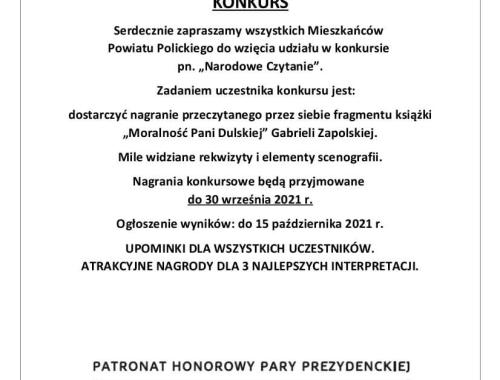 Starostwo Powiatowe w Policach serdecznie zaprasza do wzięcia udziału w konkursie pn. "NARODOWE CZYTANIE”