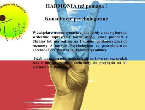Stowarzyszenie na Rzecz Harmonii Społecznej w Policach przyłącza się do pomocy psychologicznej