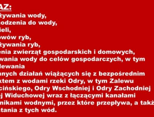 Rozporządzenie Wojewody Zachodniopomorskiego ws. zakazu korzystania z wód Odry