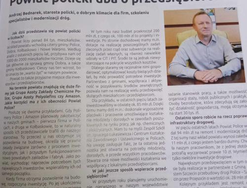 Powiat Policki dba o przedsiębiorców-artykuł  w magazynie gospodarczym Pomorza Zachodniego "Świat biznesu"